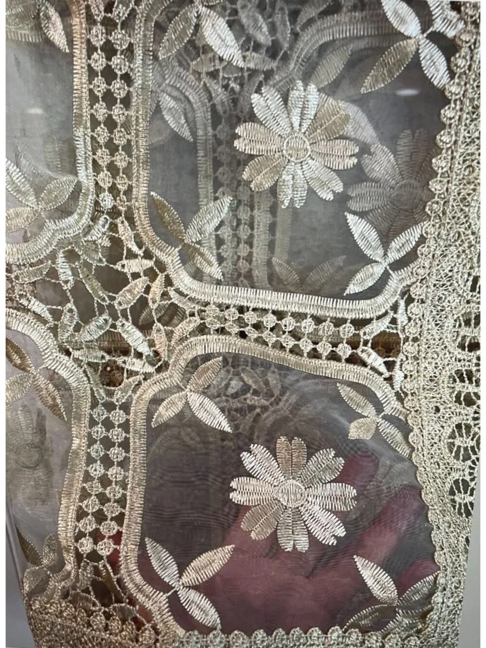 Elegant Beige Embroidered Floral Lace Tablecloth 54X72 With Crochet Detailing